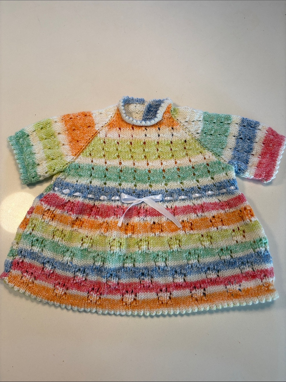 Vintage Hand-Knit Baby Dress in Rainbow Pastels